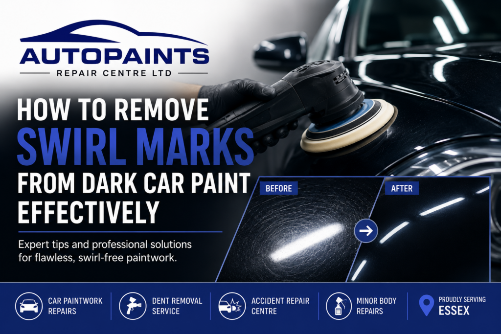 Professional removing swirl marks from dark car paint during car paintwork repair in Essex
